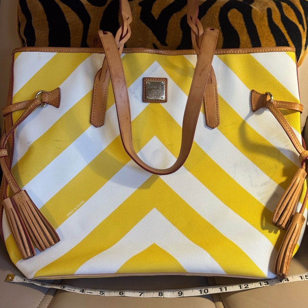 Dooney & Bourke Yellow & White Chevron Tote with Leather Trim